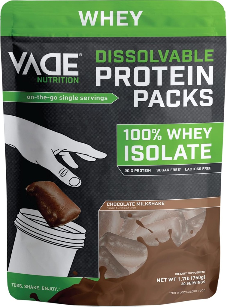 VADE Nutrition Disolvable Protein Packs - 100% syrovátka izolát protein Powder Chocolate Milkshake - Nízký karb, Nízká kalorie, laktóza zdarma, cukr zdarma, tuk zdarma, gluten zdarma - 30 Pakety jít