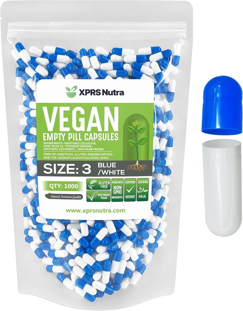 XPRS Ntra mida 3 buida Capules - 1000 Compte Vegan Capules - Vegetarian Pills - DIYble Vegetar - Capsule Fill - Veggie Pell Caps (Blav/ White)