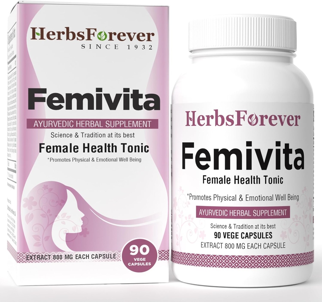 Herbsforever Femivita Cápsulas Todos os dias Suplemento de Saúde Feminino Suporta Pele saudável e músculos fortes 90 Vege Cápsulas 800 Mg Cada