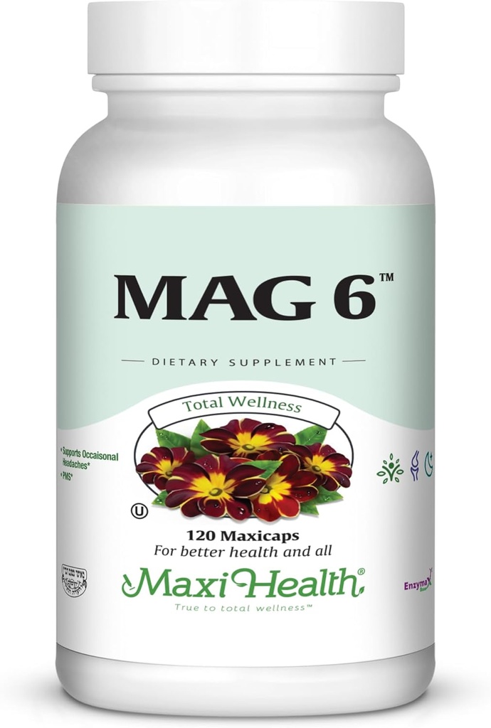 Maxi Health MAG 6 - magnesio (como óxido, glicinato) con vitamina B6 - migraína, cangrexos musculares, apoio de pedra de Kidney - Suplemento de magnesio para mulleres e homes - 120 cápsulas - Kosher