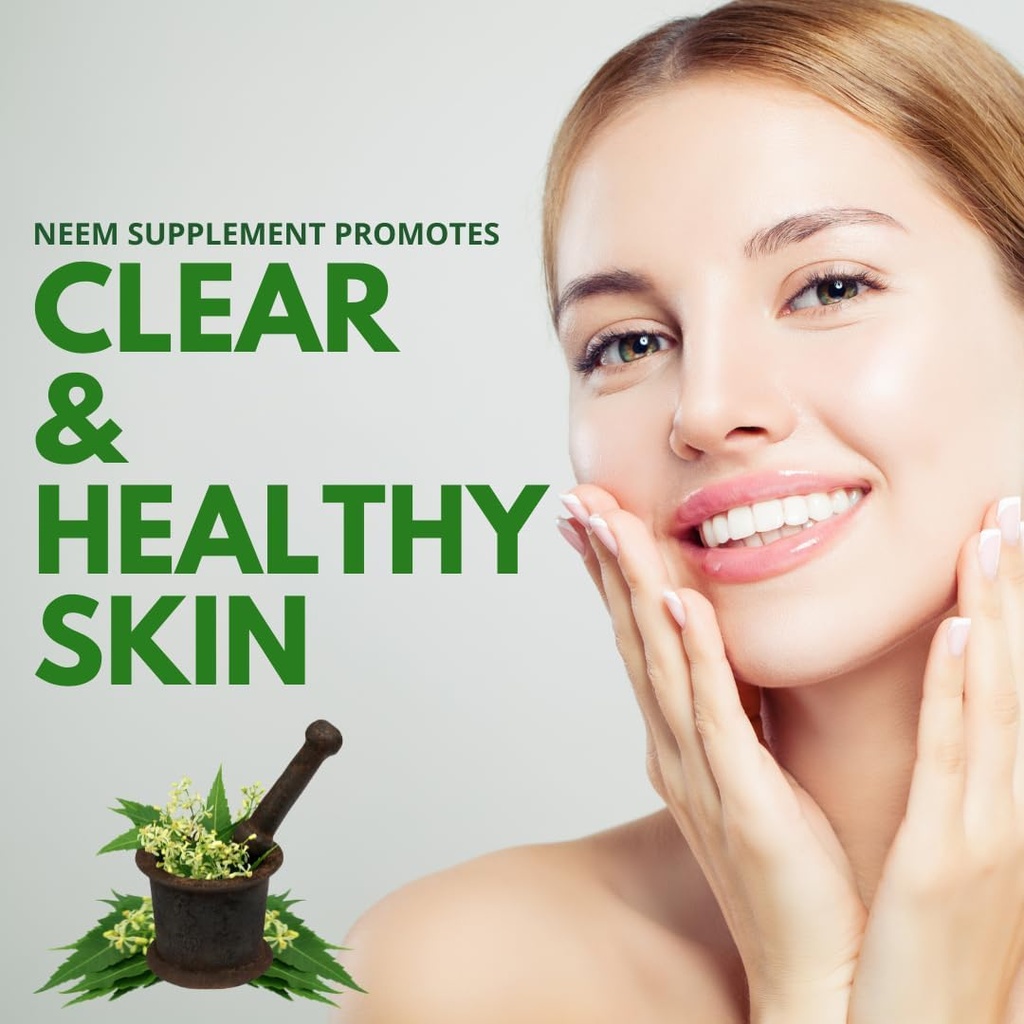 Neem Capsule (Azadirachta Indica) → 等价 5000 mg → 天然皮肤支持 → 血液净化剂 → 有机 Neem Leaf 提取草药补充 → 60 Veg Capsules → 制造于美国