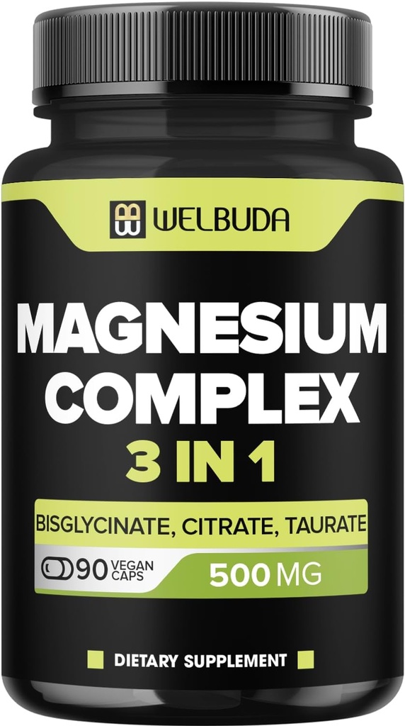 Complexo de magnesio 3in1 20% Purificado - 500mg de Bisglycinato de magnesio, citrato e óxido para o músculo, estado de relaxación, saúde ósea e máis - 90 cápsulas