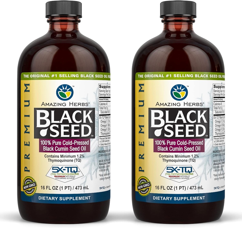 Amazing Herbs Premium Black Seed Oil - Gluten Free, Non OMG, Cold Pressed Nigella Sativa SIDA în Digestive Health, Immune Support, Brain Function, Joint Mobility - 16 Fl Oz (Pachet de 2)