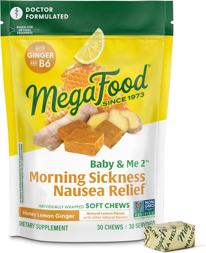 MegaFood Baby & Me Prenatal Təhlükəsizliyi, Ginger Chews, Vitamin B6 ilə, 9 Food Allergens olmadan Made, Honey Limon Ginger Flavor, 30 Chews