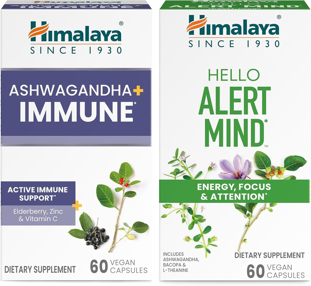 Himalaya Ashwagandha + immune C-vitamiiniga aktiivseks immuunsuse toetamiseks & Hello Alert Mind energia, fookuse ja tähelepanu jaoks, 60 kapslit iga - pakk