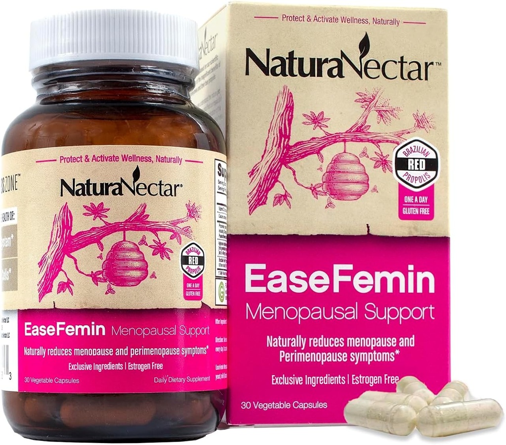 NaturaNectar - EaseFemin Menopausal Support Supplements for Women - Östrogeenivaba Red Bee Propolis kapslid kuuma vilgub ja öine higi - Natural ja Proprietary Calming Taimne segu (30 tk.)