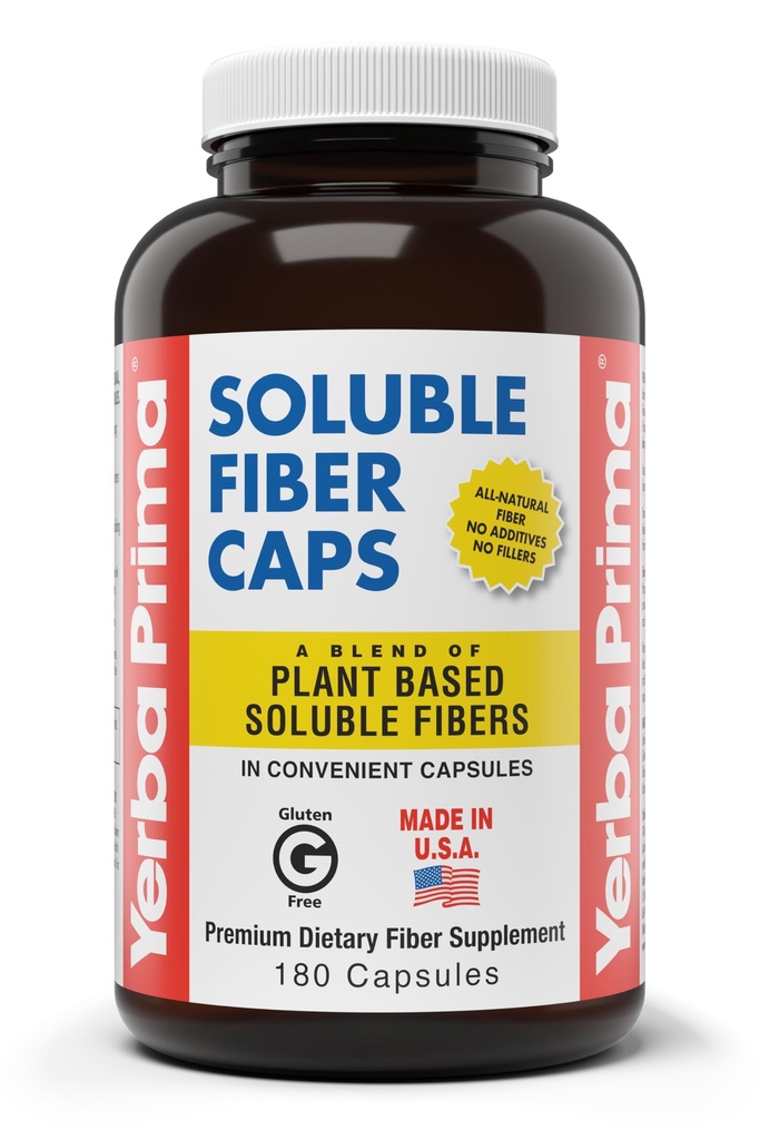Yerba Prima Soluble Fiber Capsules, 180-Count - Natural Dietary Supplement, Non-GMO, Gluten Free, with Psyllium Husks and Oat Bran