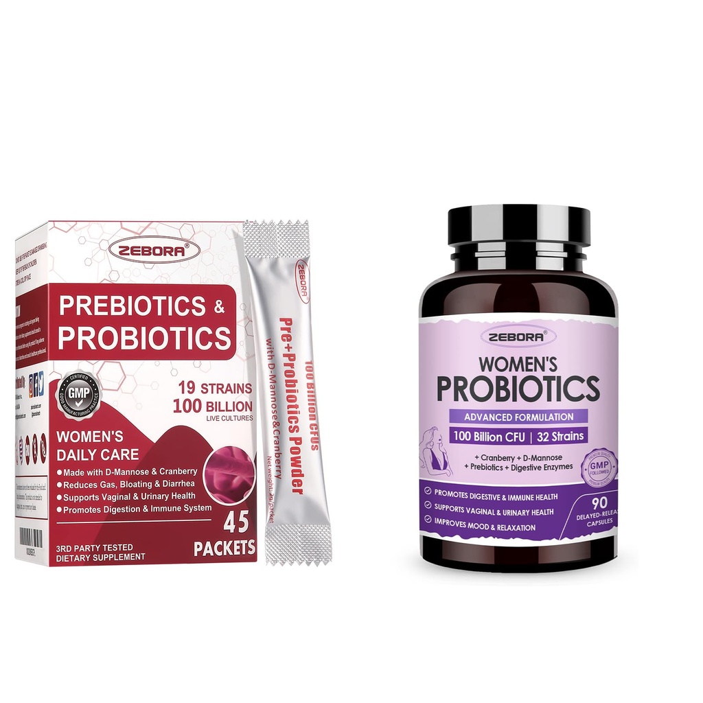 ZEBORA Probiotics-for-Women 100-Billion-CFUs with Prebiotics, D-Mannose & Cranberry for Digestive, Immune, Feminine UT Health Support, Ultimate Probiotic Women's Care, Soy & Gluten Free, 45 Packets