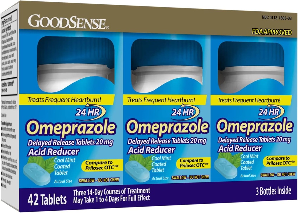 GoodSense Omeprazol forsinket frigjøring belagte tabletter 20 mg, kul mynte, behandler hyppig halsbrann, syrereduserende middel, Heartburn medisin, 42 telling