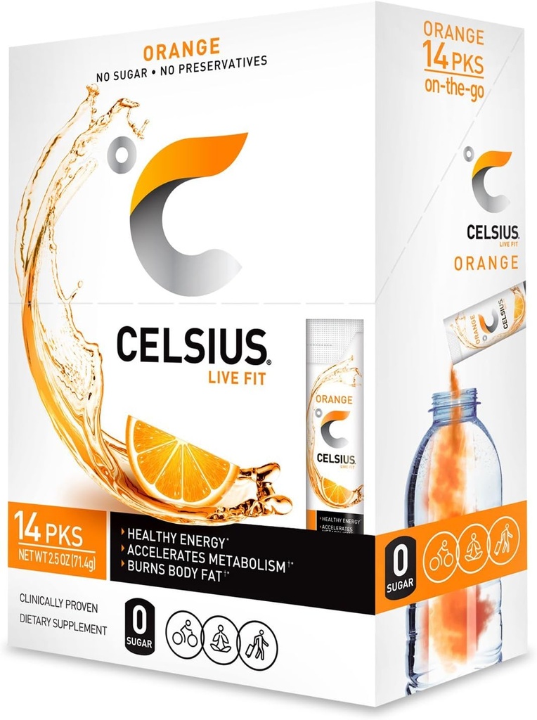 CELSIUS Orange On-the-Go Powder Stick Packs, ambalaj de 14