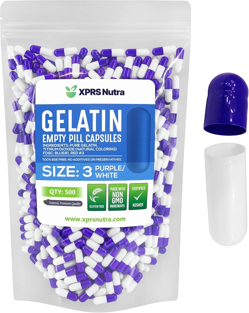 XPRS Nutra Ukuran 3 Kapsul Kosong - 500 Cacah Katup Gelatin Kosong - Pil DIY Filling - Capsule Pill Gel Pure untuk DoIt- Yourself Suplemen (Purple / White)