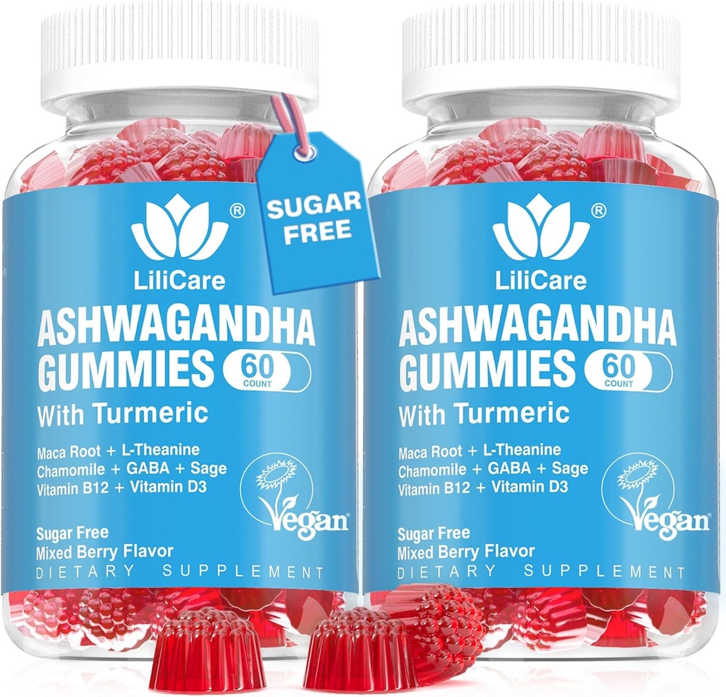 Ashwagandha Gummy & Vitamin D3, B12, Turmeric, Propiness Relaxation, Mixed Berry Flavor, 120 Count