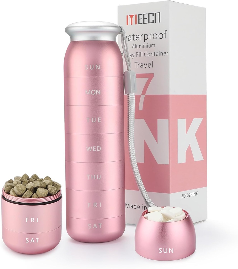 Weekly Pill Organizador, Portable Travel 7 Day, Contedor impermeable, Grande, aluminio, metal, vitaminas de retención, aceite de fígado de coco, Suplementos e medicamentos (Pink)