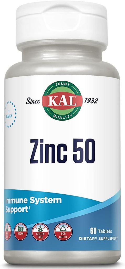 KAL Zink 50mg Hydroxy Acid Complex, Gesunde Stoffwechsel und Immununterstützung Ergänzung mit Zink Orotat, Zink Citrat, Enhanced Absorption w/ActiSorb, Vegan, Glutenfrei, Non-GMO, 60 Serv, 60 Tabletten
