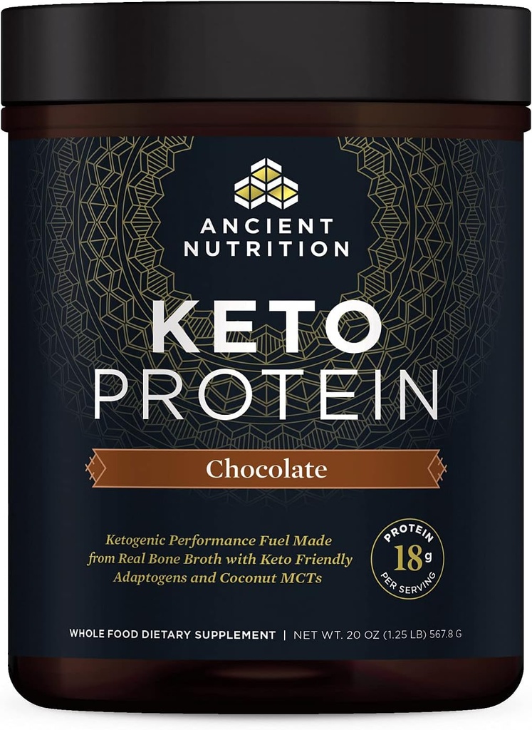 古营养 Keto蛋白粉, KetoPROTEIN 配有来自Bone Broth和MCT油的脂肪,巧克力,18g蛋白10g脂肪 Per Service, Gluten Free, Low Carb, Paleo Friend, 17 Services