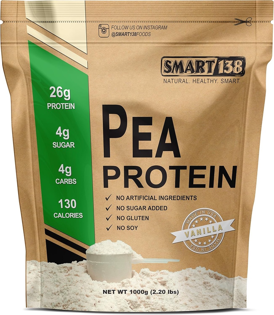 Smart138 Vanilla Pea Protein, Ultra- Fine Powder, Vegan, Gluten- Free, Soy- Free, Dairy- Free, Non- GMO, USA / Canada, Keto (Low Carb), Natural BCAAs (1000g / 2.2lbs, Vanilla)