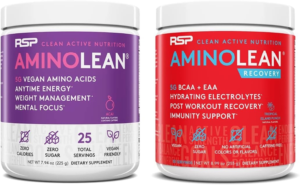 RSP NUTRITITION Vegan Aminolean Pre Workout Energy (Acai 25 Servings) dengan Pembangunan Aminolean Post Workout Boost (Tropical Island Punch 30 Servings)