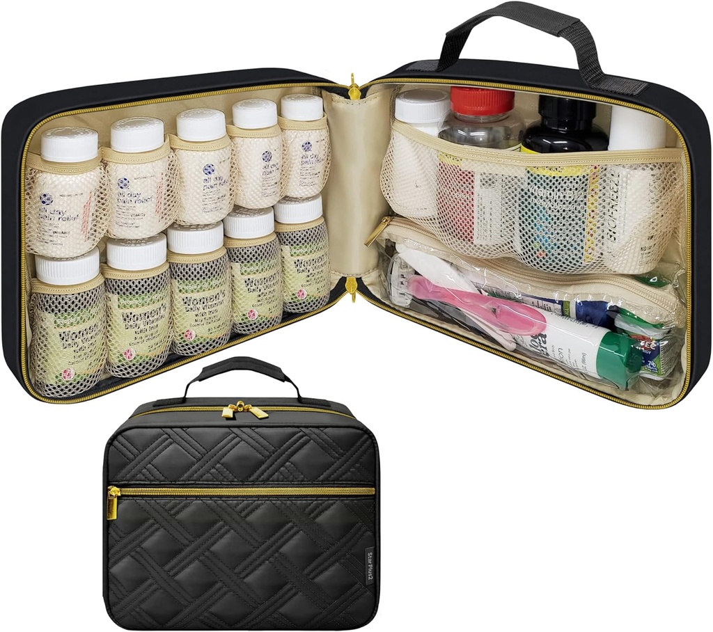 Liels Quilted Pill pudeles organizētājs, zāļu soma, iepakojums, nesējs zālēm, vitamīni, un medicīnas piederumi - Travel Medicine organizators un mājas glabāšana Med Bag - Black (Bez slēdzenes)