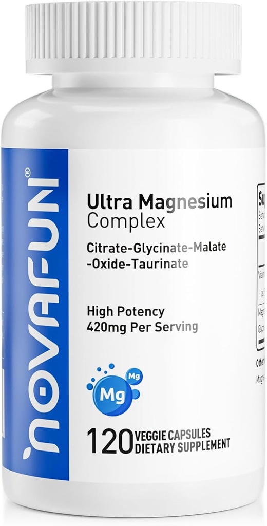 Magnio B6 papildas, 420mg magnio kompleksas, citratas, glicinatas, malatas, Tauratas, oksidas, širdis, kaulai, vegetaras, 120 kapsulių