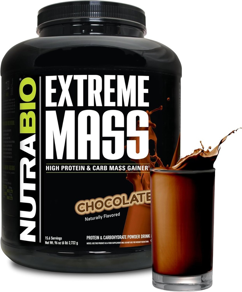 NutraBio Extreme Mass Gainer Protein Powder, 53G Beljakovine, Čista teža Gainer, povečanje mišične mase, Polni spekter aminokislin - Čokolada, 6 Pound