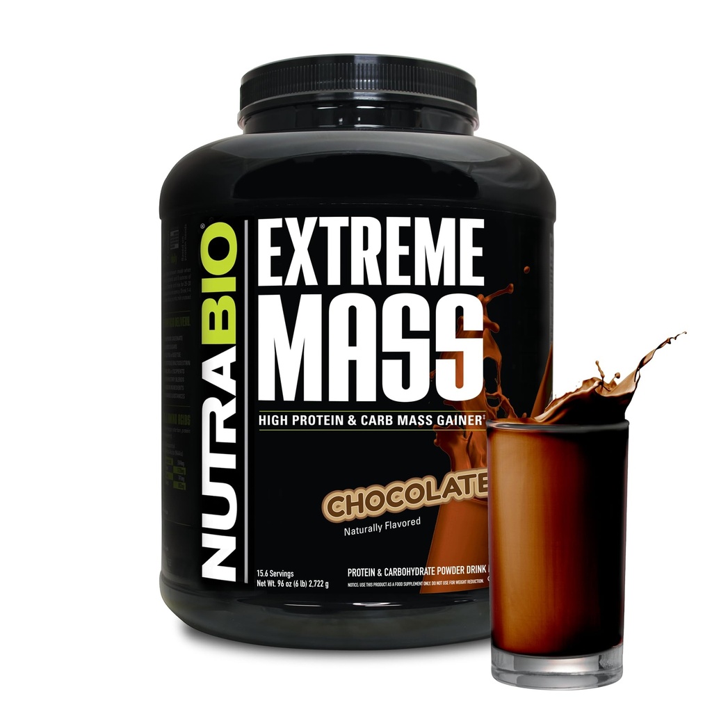 NutraBio Extreme Mass Gainer Protein Powder, 53G Protein, Clean Weight Gainer, Increase Muscle Mass, Full Spectrum Amino Acid - Chocolate, 6 Pound