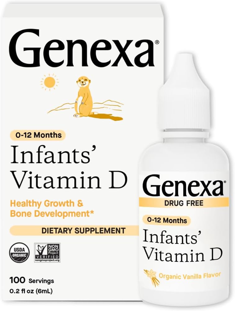 Genexa spädbarn vitamin D flytande droppar för nyfödda, baby & småbarn | Stöder tillväxt och benutveckling | Utsökt organisk vanilj smak | Certifierad organisk, glutenfri och icke-GMO | 90 portioner