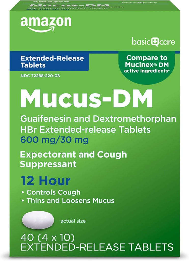 พื้นฐาน Car Muscus Recember DM, 12 ชั่วโมง Guifensein & Dextromeorf Hydrobribremide lefted-Relp tables, 600 mg/30 mg, 40 เคานต์ (Pack of 1) (packages can changes)