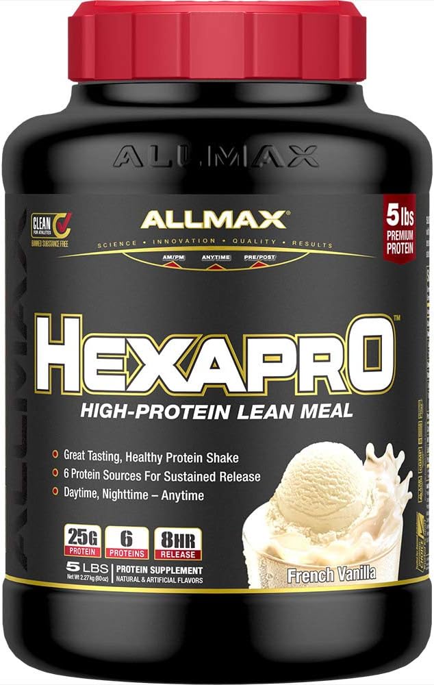 ALLMAX Nutrition HEXAPRO, французская ваниль - 5 фунтов - 25 граммов белка на порцию - 8-часовой устойчивый выпуск - нулевой сахар - 52 порции