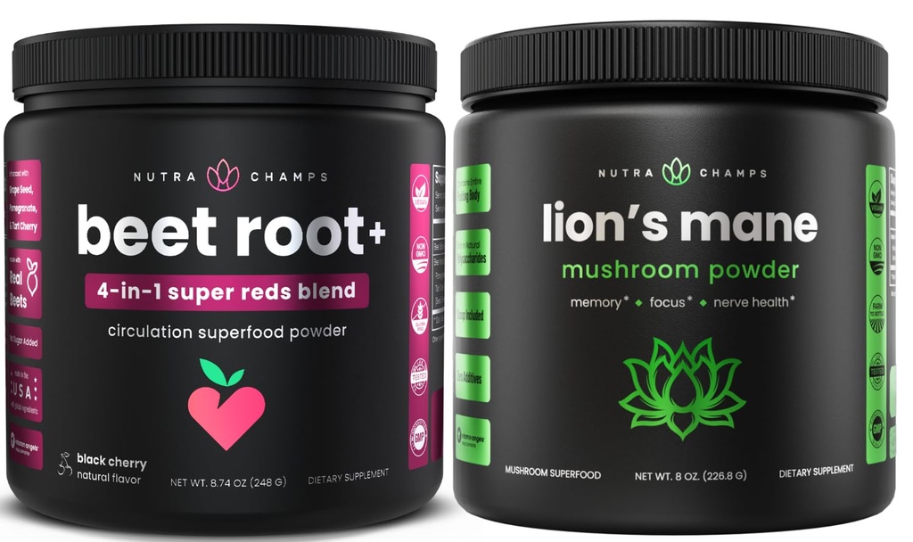 NutraChamps Beet Root Powder & Lion's Mane Powder. Powerful Circulation & Adaptogen Blends