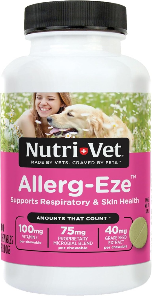 Nutri-Vet Allerg-Eze Chewables for Dogs, 산화 방지제 & Omega-3 지방산, 알레르기 완화 보충교재, 지원 피부, 외투 & 호흡 건강, 60 조사