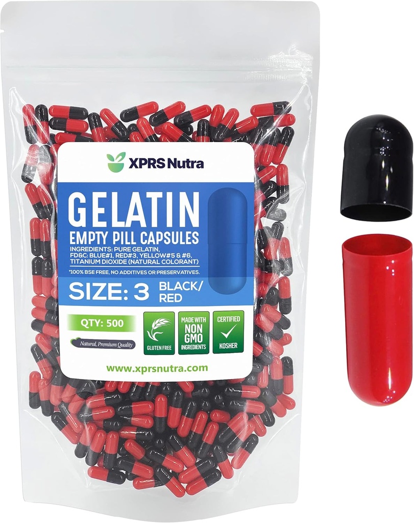 XPRS Nutra Boyutu 3 Boş Kapsüller - 500 Kont Boş Gelatin Capsules - Pills DIY Capsule - Pure Bovine Pill Gel Caps Fillable Do-It- Yourself Vitamins and Supplements (Black/Red)