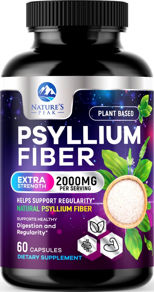 Psyllium Husk Powder 2000mg Per Serving - Soluble Fiber Supplement for Daily Digestive Health & Regularity Support, Natural Psyllium Powder Caps, Vegan Prebiotic, Non-GMO & Gluten-Free - 60 Capsules