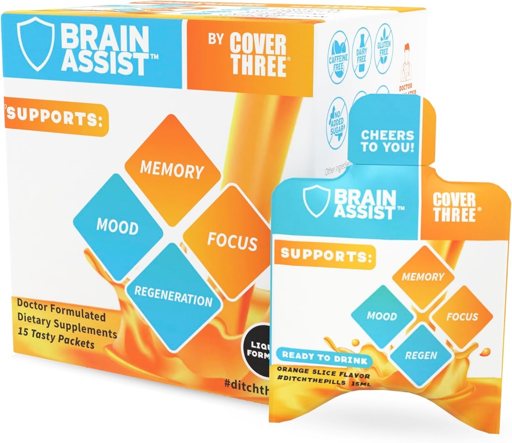 Pokrywa Three Brain Assist Brain Supplement, Nutritional Focus Supplement z Curcumin, Urydyna, Pomarańczowy Slice Liquid Brain Supplement Formuła, Wysokiej wydajności suplementy pamięci