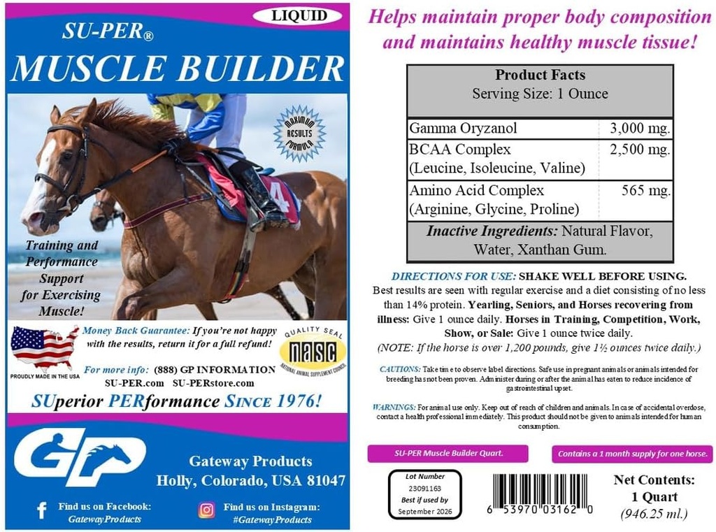 SU-PER Muscle Builder Horse Supplement - Training and Performance Support for Exercising Muscle - 1 Gallon + Pump