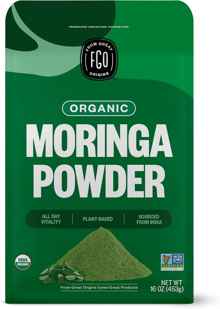 FGO Organic Moringa Oleifera Leaf Powder, 16oz Bulk Resealable Pouch, Sourced from India, Non-GMO, Packaging May Vary (Pack of 1)