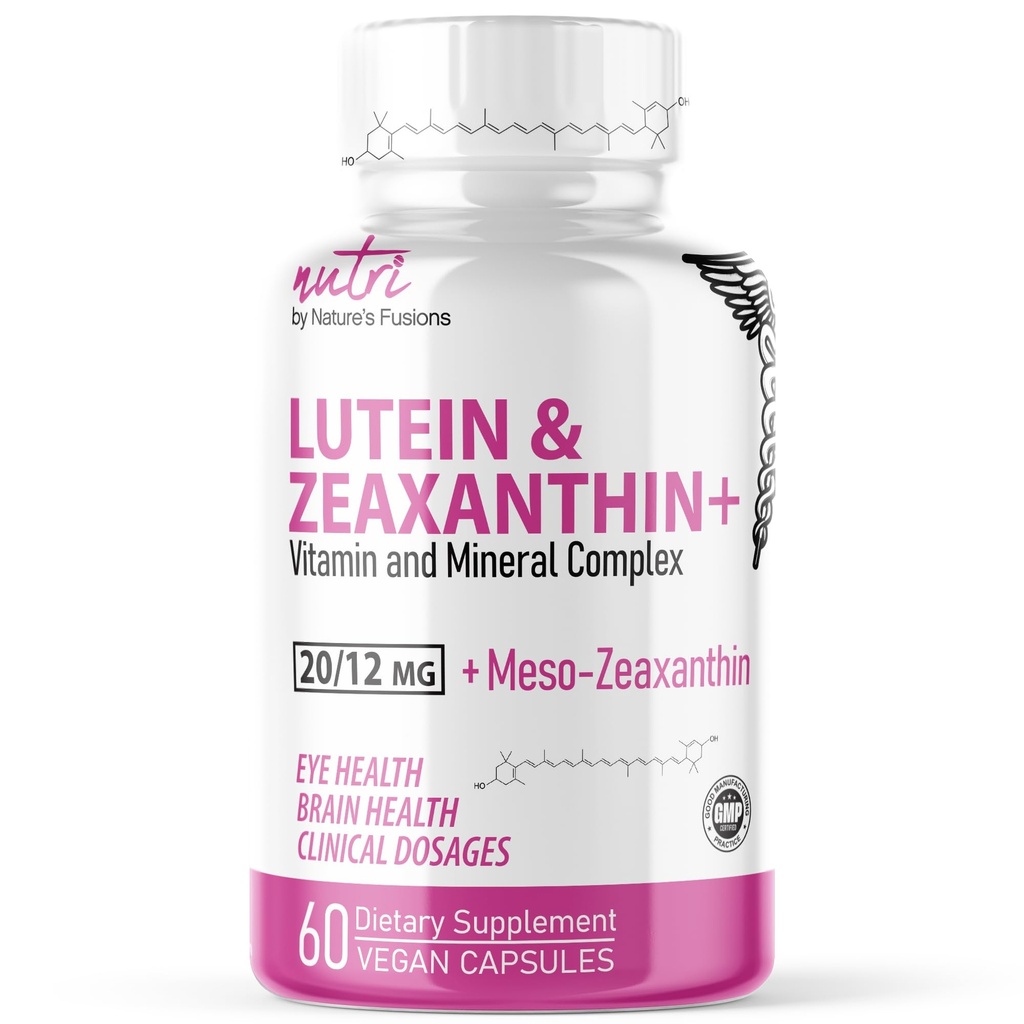 Nature's Fusions Nutri Lutein 20mg Eye Vitamins Complex - Triple Carotenoid Formula - Lutein and Zeaxanthin - Contains Zinc, Vitamins A,C,D3,E, Folate - 60 Capsules - Eye Health Supplements