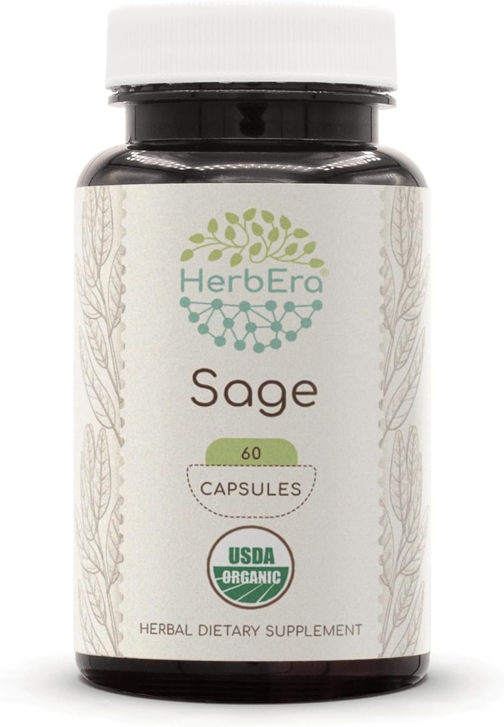 HerbEra Sage 60 kapsulak, 500 mg, USDA Organic Sage (Salvia officinalis) Dried Leaf (60 kapsulak)