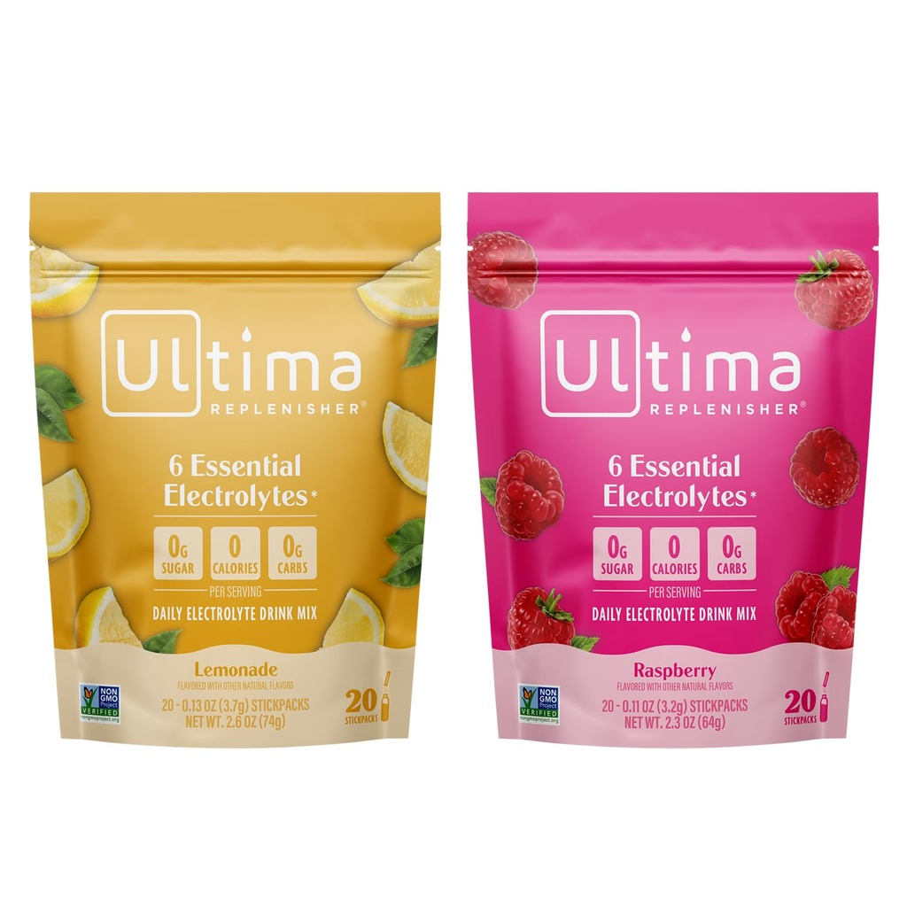 Ultima Replenisher Electrolyte Powder Drink Mix Bundle – Sugar Free – Lemonade and Raspberry, 20 Stickpacks – 6 Electrolytes and Minerals – Keto Friendly, Vegan, Non-GMO