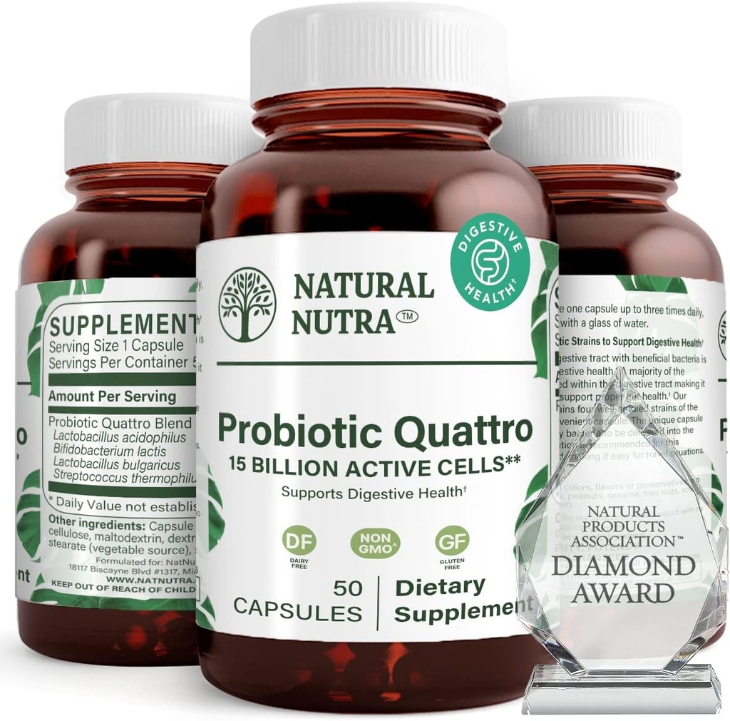 Nutra Probiotico Naturale Quattro – Integratore Probiotico Avanzato con 4 Potenti Strains Compreso Lactobacillus Acidophilus, Bifidus – Supporta la Salute Digestiva e Immune – 50 Capsule Vegetariani