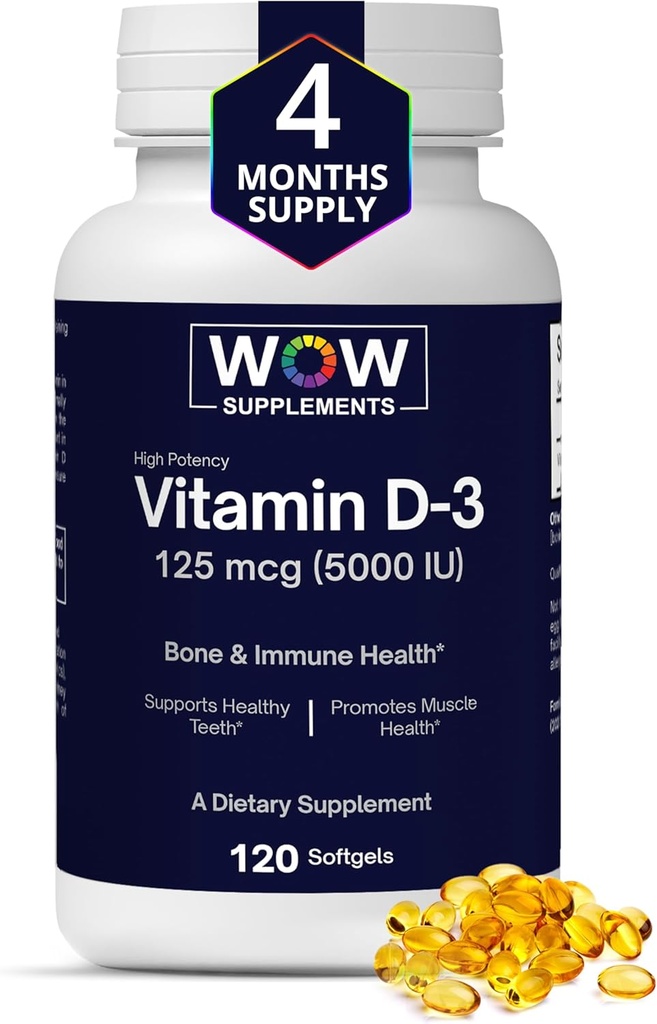 WOW Supplements Vitamin D3 5000 IE Softgels, 125 mcg - Vitamin D3 5000IU Supplement for Strong Bones and Immune Support - Non-GMO, Gluten Free Vitamin D 5000 IE - VIT D3 5000 IE Softgels - 120 Count