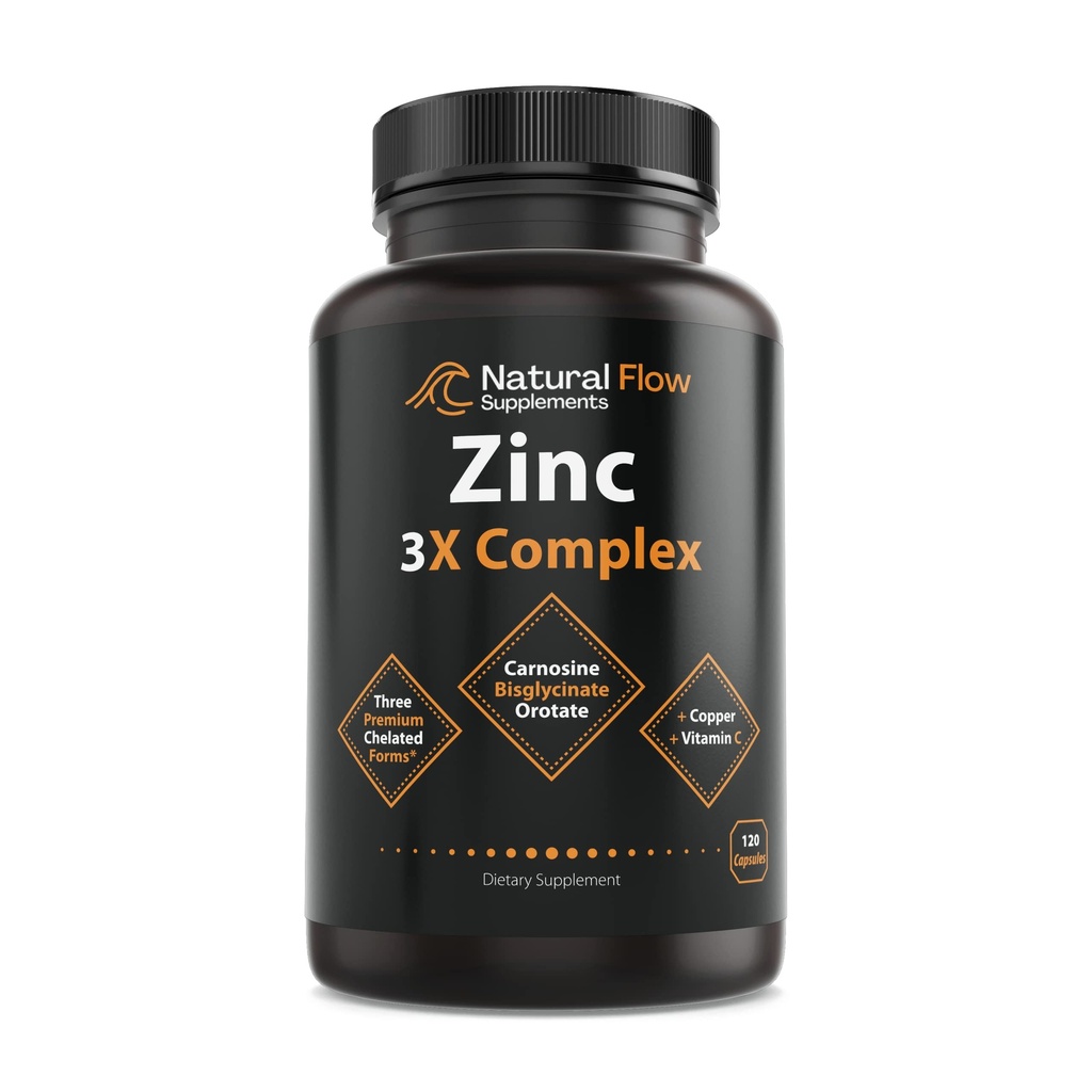 Zinc Supplement Complex with Copper and Vitamin C - Natural Flow 3X Zinc Carnosine, Bisglycinate Chelate, and Orotate, Chelated Copper, Easy on The Stomach, Skin and Immune Support, 120 Capsules