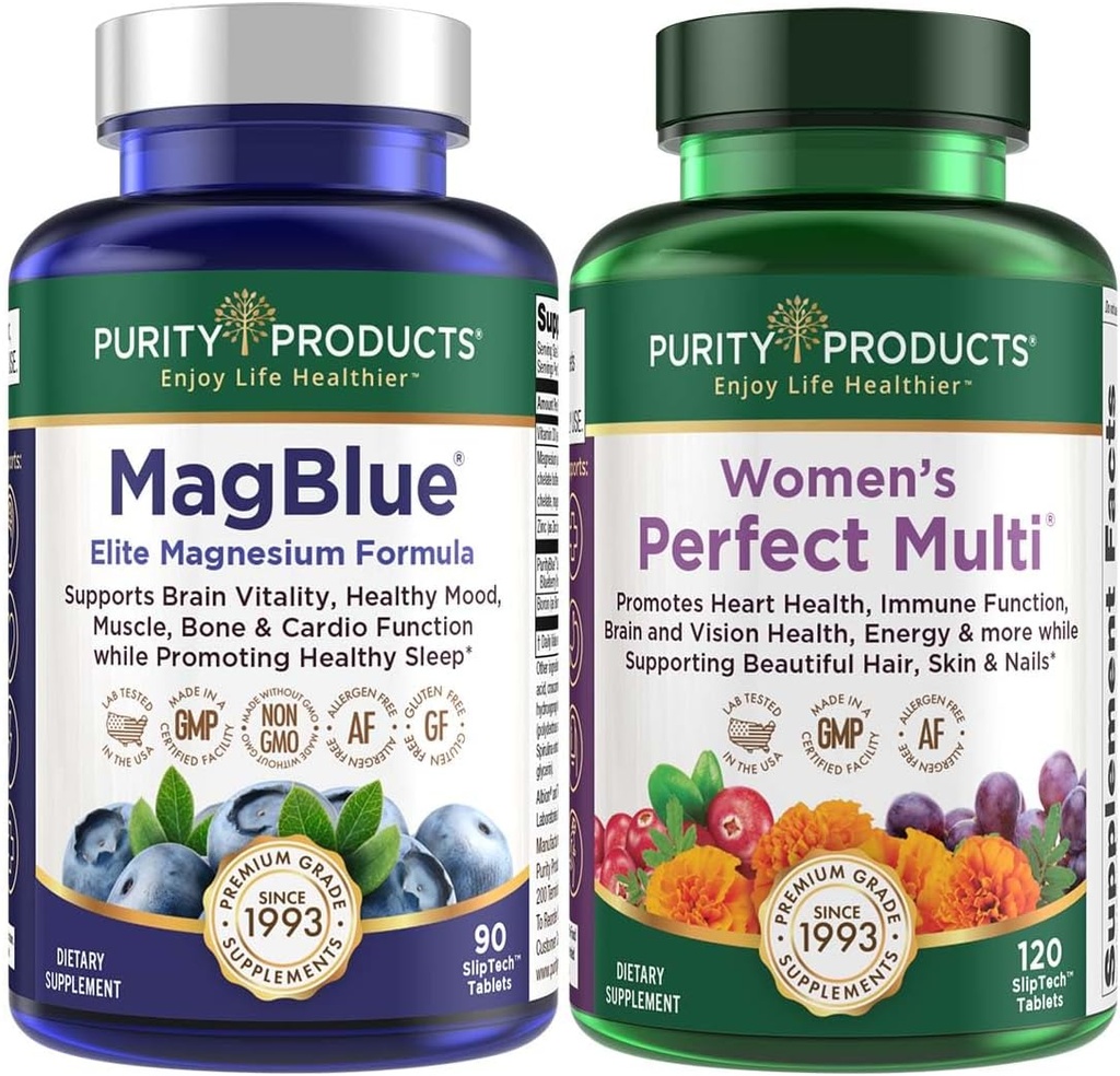 Purity Products Bundle - MagBlue + Women's Perfect Multi - MagBlue (Magnesium Bisglycinate + Vitamina D3 + More) - Women Perfect Multi - Apoia a saúde urinaria, inmunidade, cabelo Nails +