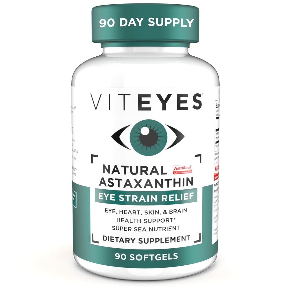 Viteyes Natural Astaxanthin, Relieve Tired Eyes & Eye Strain, Sourced from Algae, Skin Hydration, Heart & Brain Health, 4 to 8 mg Natural Astaxanthin, 90 Softgels