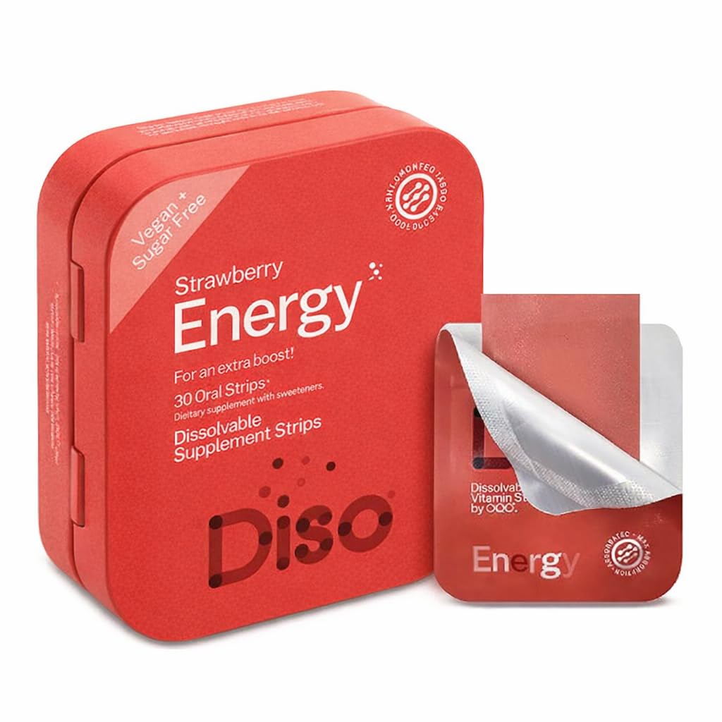DISO - Energy - Fast-Dissolving Caffeine Strips with Vitamins, Strawberry Flavor, Vegan, Sugar Free, High Absorption, Gluten Free, Individually Wrapped, 30 Dissolvable Strips