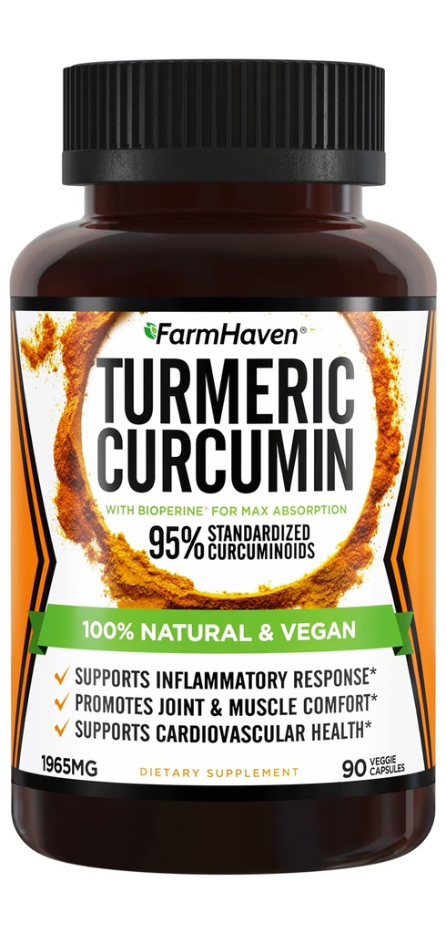 Turmeric Curcumin with BioPerine Black Pepper & 95% Curcuminoids, 1965mg, Maximum Absorption for Joint Support, Non-GMO Turmeric Capsules, Made in USA - 90 Veg Caps