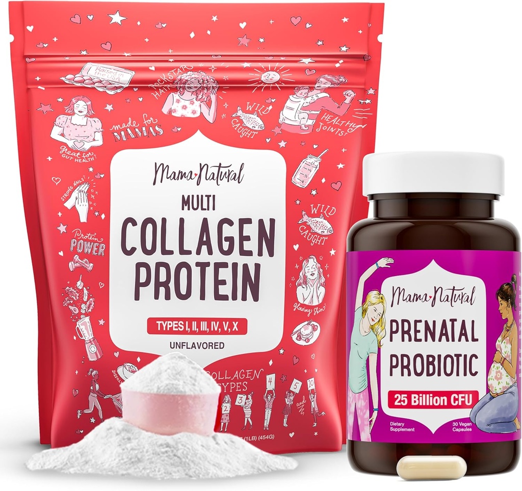 Mama Natural Prenatal Probiotic & Multi Collageen Protein Bundle - 25 Miljard CFU & 11g gehydrolyseerde Collageen peptiden voor zwangerschap, haar, huid, nagels en spijsverteringszorg ondersteuning