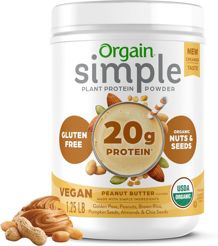 Orgain Organic Simple Vegan Protein Powder, Peanut Butter - 20g Plant Based Protein, With less Ingredients, No Artificial Sweteners, Gluten Free, No Dairy or Lactose, 1.25 lb (Packaging May Vary)