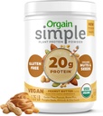 Orgain Organic Simple Vegan Protein Powder, Mantequilla de maní - 20g Proteína basada en plantas, con menos ingredientes, sin dulces artificiales, sin gluten, sin lácteos o lactosa, 1,25 lb (paquete mayo Vary)
