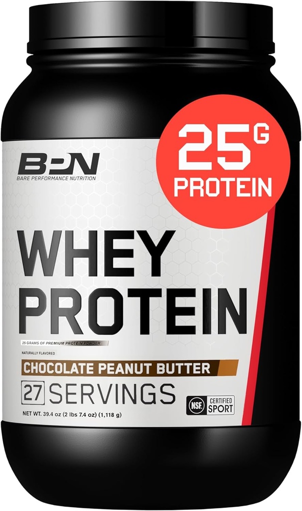 BARE PERFORMANCE NUTRITION, BPN Wei Proteïne + Caseïne Proteïne Poeder Blend, Chocolate Peanut Butter, 25g Proteïne per Serving Ondersteunt Lean Muscle Recovery, 27 Servings, Derde Getest