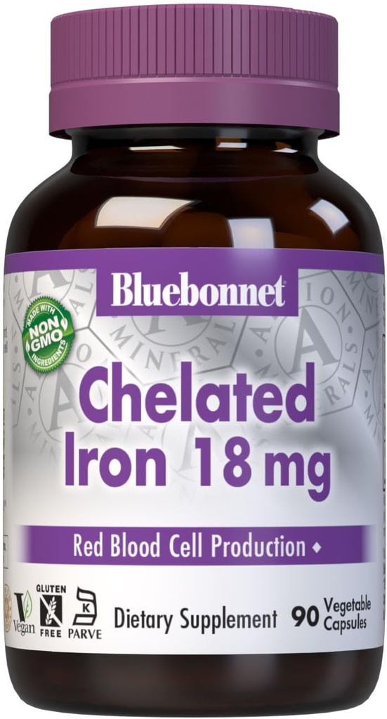 Bluebonnet Nutrition Chelated Iron 18 mg - non- constipating Iron - Soy- Free, Gluten- Free, Non- GMO, Kosher Certified, Dairy- Free, Vegan - 90 növényi kapszula, 90 adag